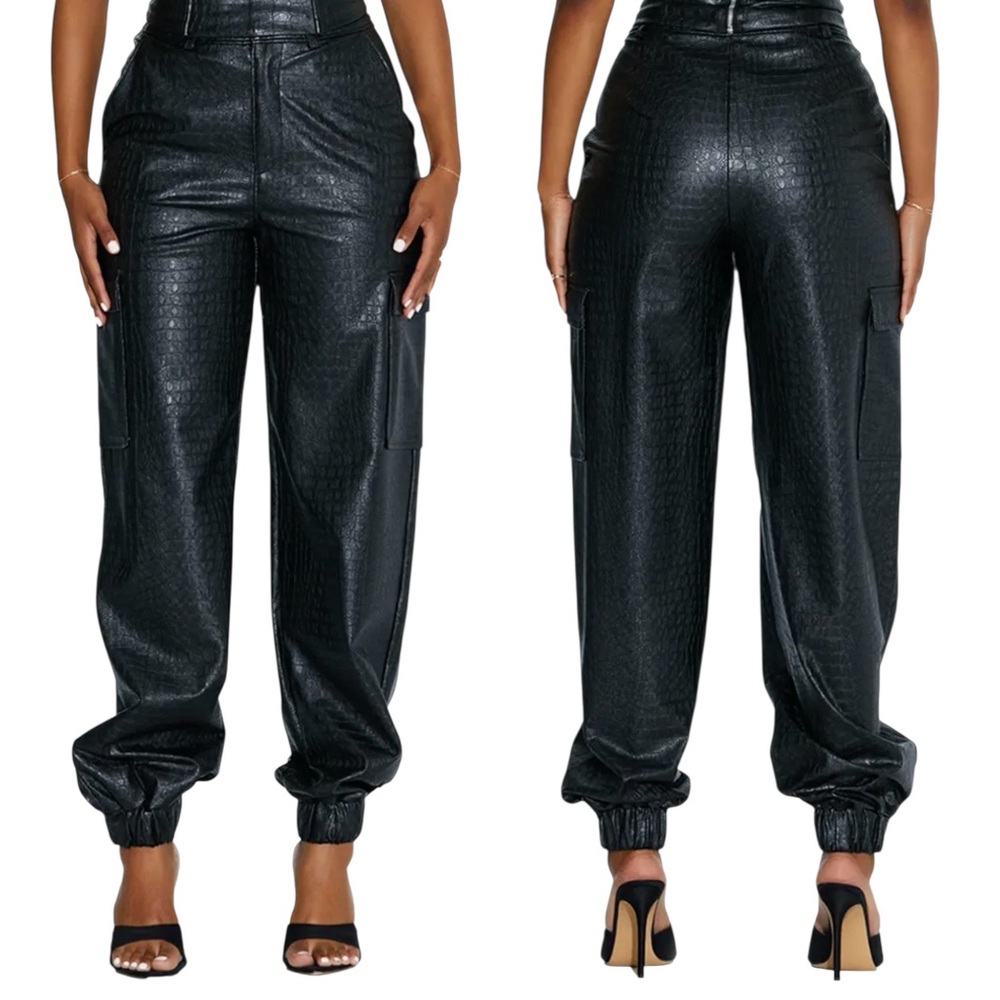 Naked Wardrobe Black Crocodile Faux Leather Cargo Joggers NEED ZIPPER REPAIR